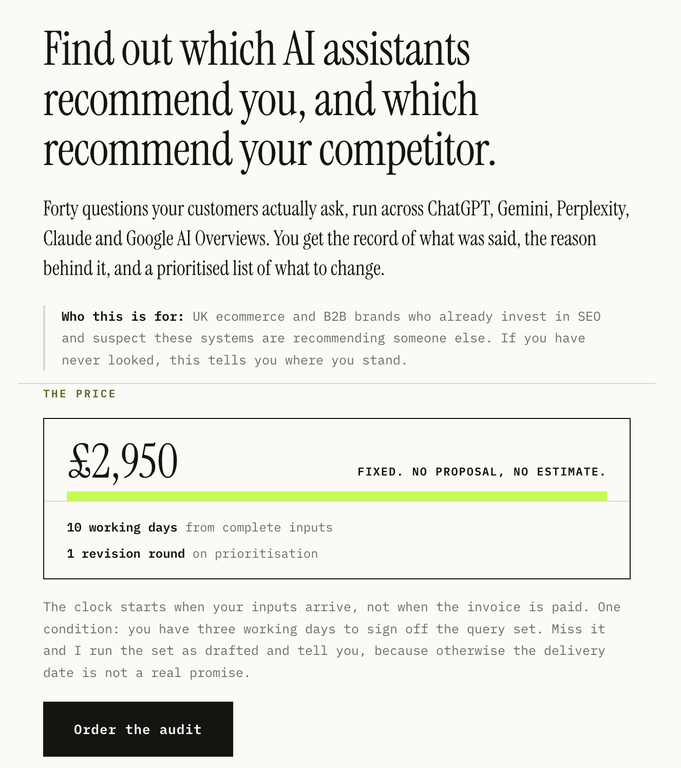 Generated one-page offer site with the price above the fold