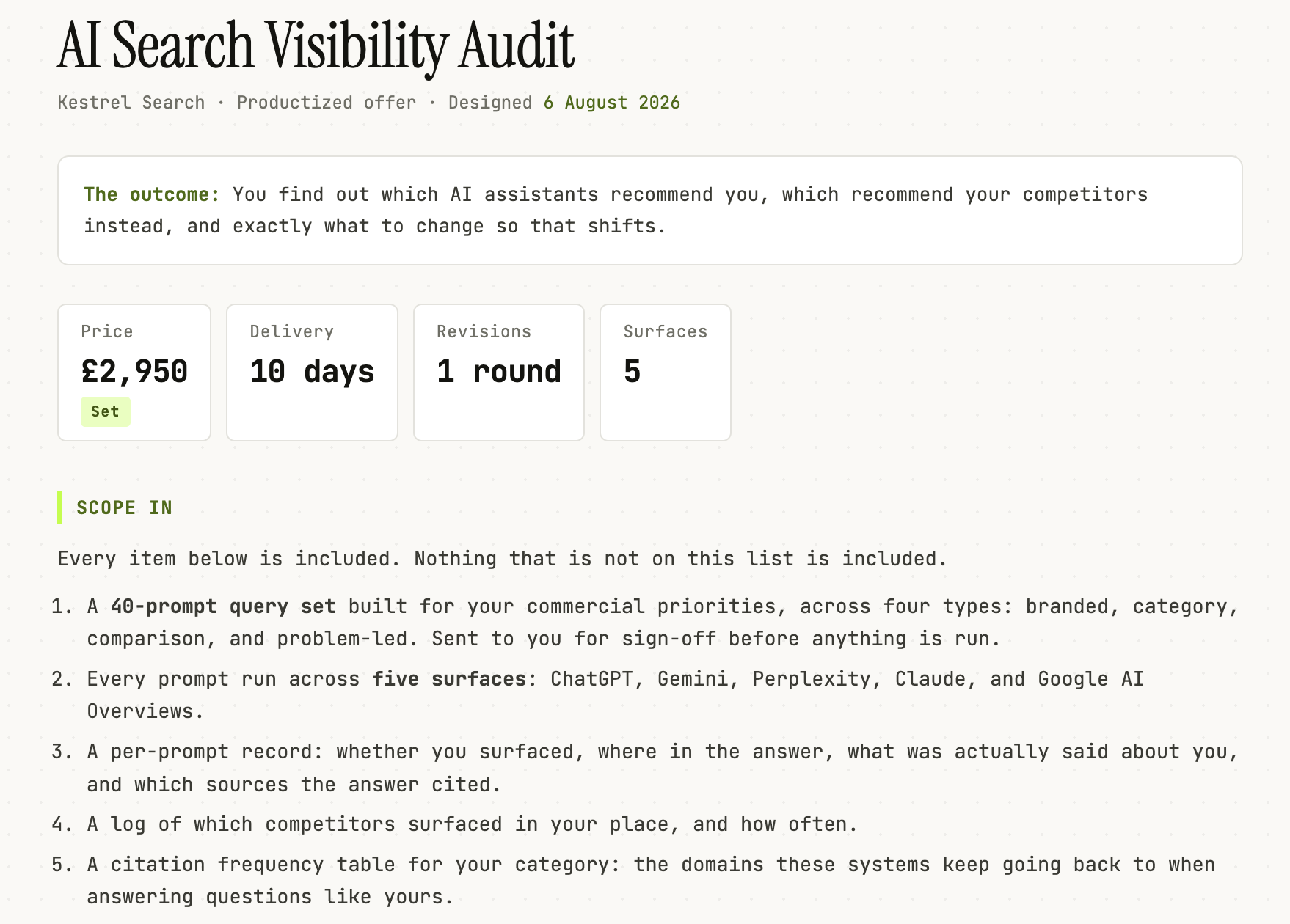 Productized offer with scope in, scope out and the three ways it breaks