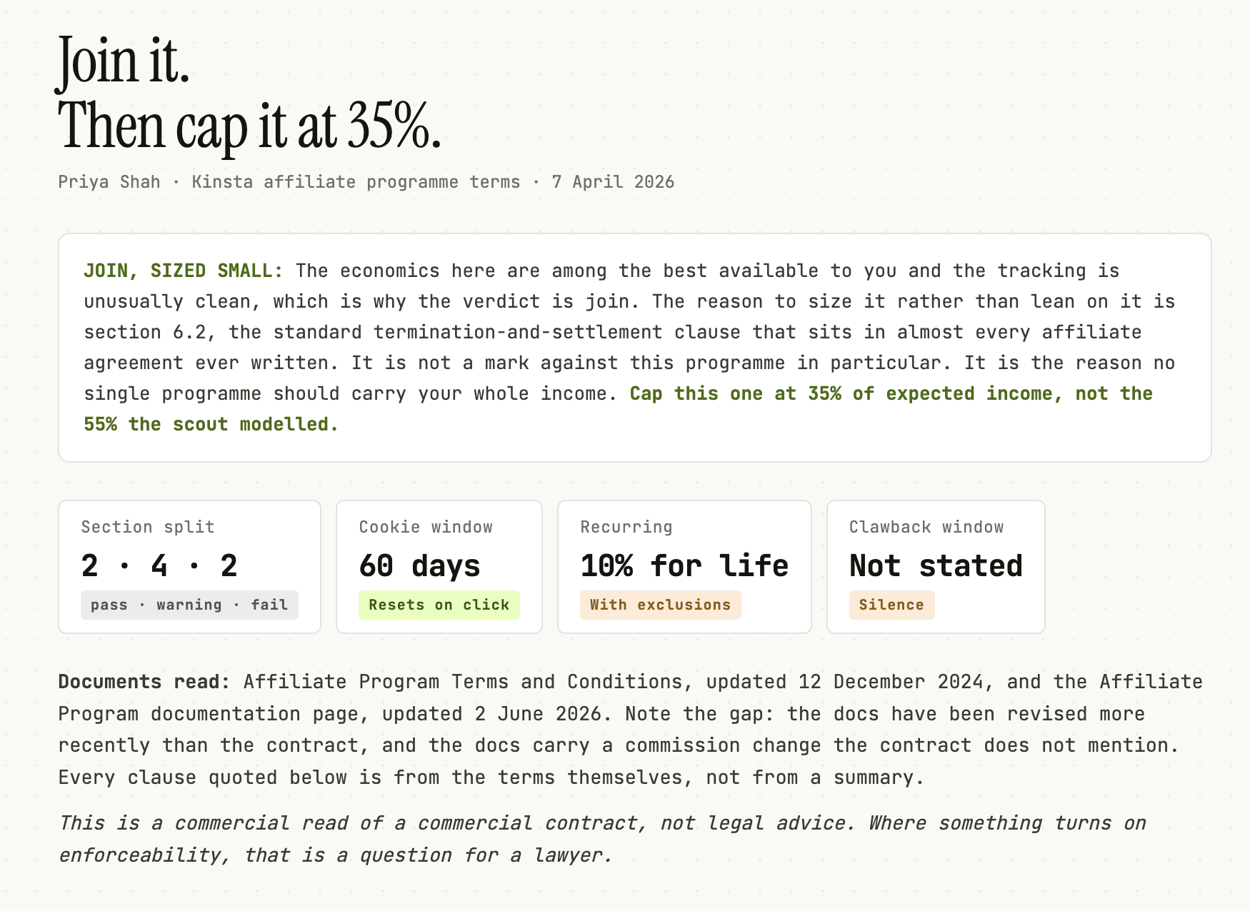 The grader's report on Kinsta: two passes, four warnings, two fails, verdict JOIN SIZED SMALL