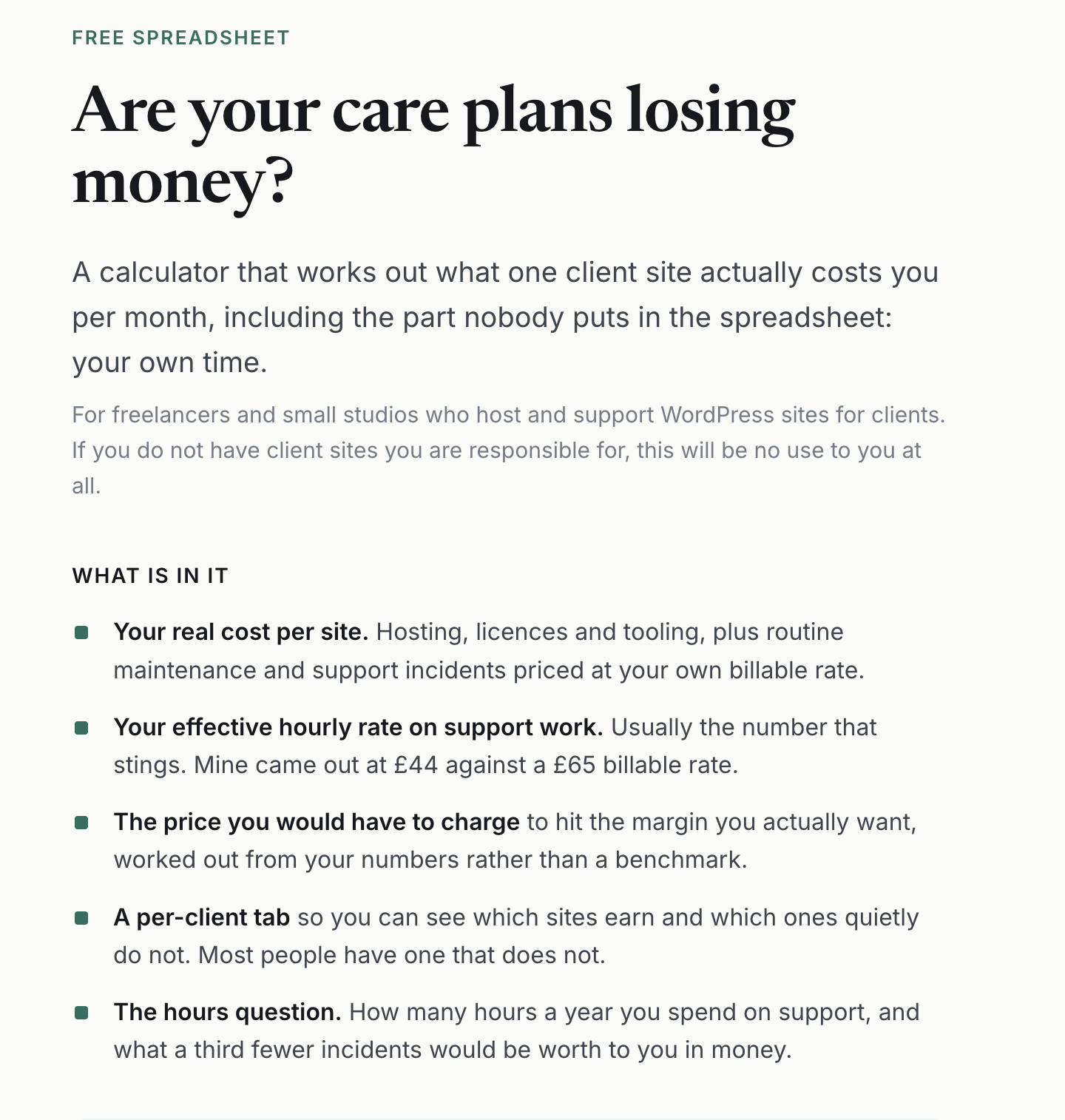 Lead Magnet Builder: the capture page for the free care-plan margin calculator