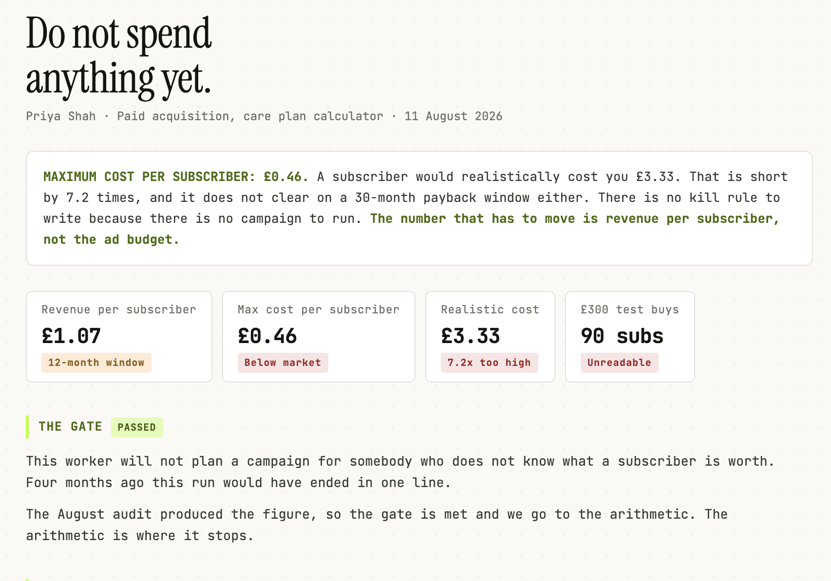 Paid Acquisition: verdict DO NOT SPEND ANYTHING YET, with the arithmetic behind it