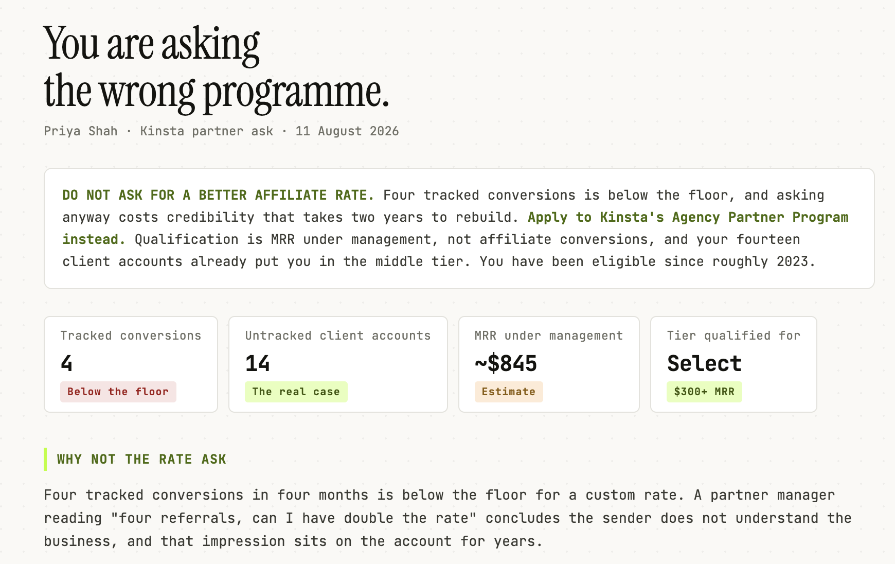 Partner Deal Negotiator: the case for a custom rate, with the drafted ask