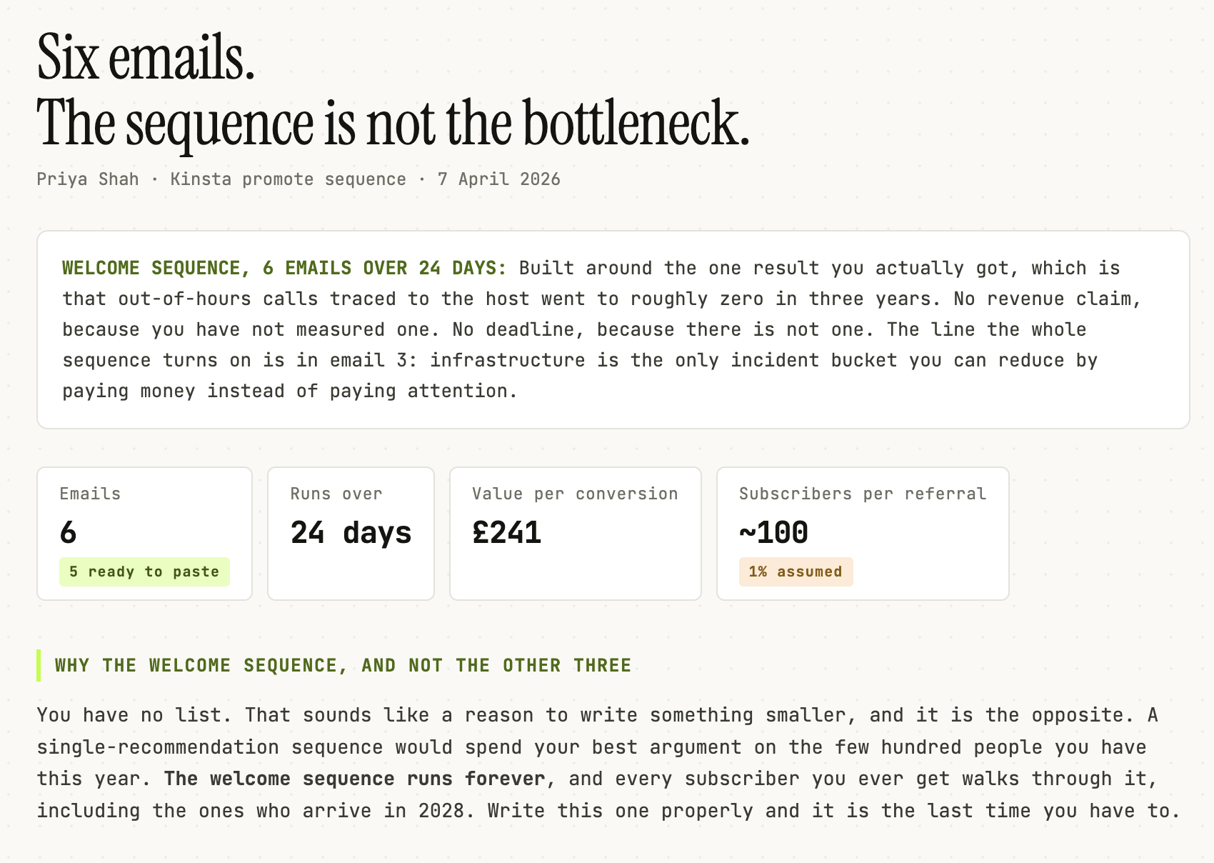 Promote Sequence Writer: the full sequence with timing, triggers and the disclosure inside each email